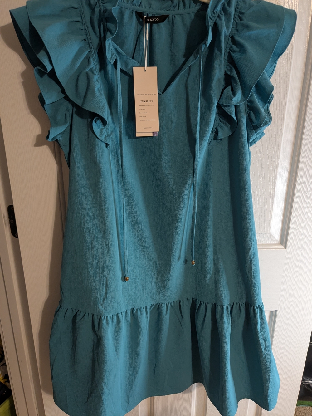 Donnaroo Teal Ruffle-Sleeve Tie-V Neck Tunic
